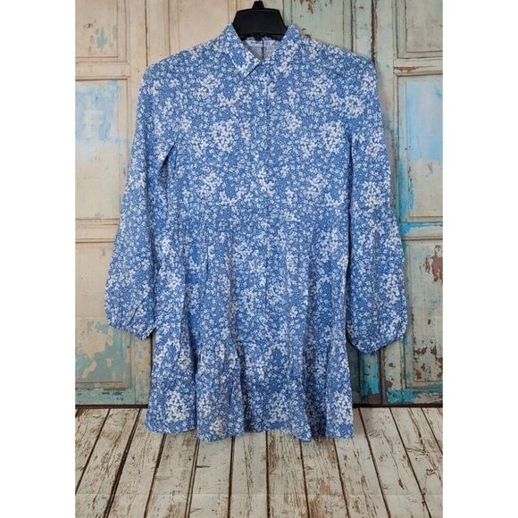 Stradivarius Womens Small Blue Floral Bishop Sleeve Ruffle Hem Mini Shirt Dress - Picture 1 of 8